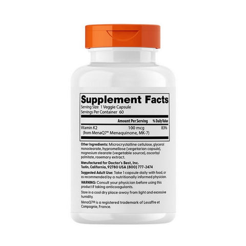 Doctors Best, Natural Vitamin K2 MK-7 with MenaQ7, 45 Mcg, 60 Veg Caps