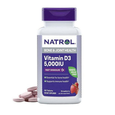 Natrol, Vitamin D3 Bone And Joint Health Strawberry, 5000 IU, Strawberry 90 Tabs