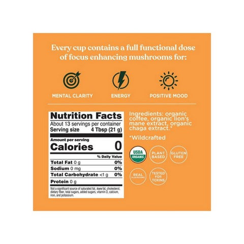 Four Sigma Foods Inc, Organic Coffee With Lion'S Mane And Chaga Mushrooms Ground Dark Roast, 12 Oz