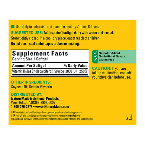 Nature Made, Vitamin D3, 2000 IU, 250 Caps