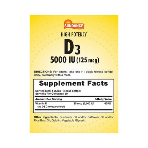 Sundance, Vitamins Vitamin D3 High Potency Softgels, 5000 IU, 60 Tabs