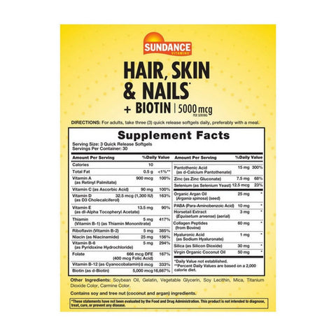 Sundance, Hair - Skin & Nails With Biotin Softgels, 5000 mcg, 90 Tabs