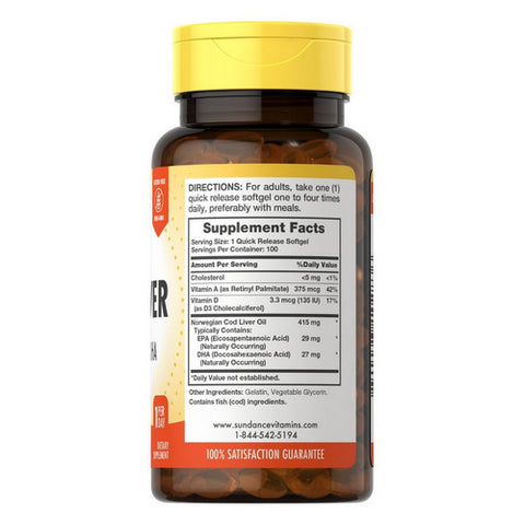 Sundance, Norwegian Cod Liver Oil With EPA-DHA Quick Release Softgels, 100 Tabs