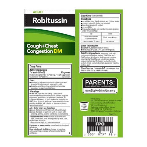 Robitussin, Adult Cough + Chest Congestion Dm Liquid, 8 Oz
