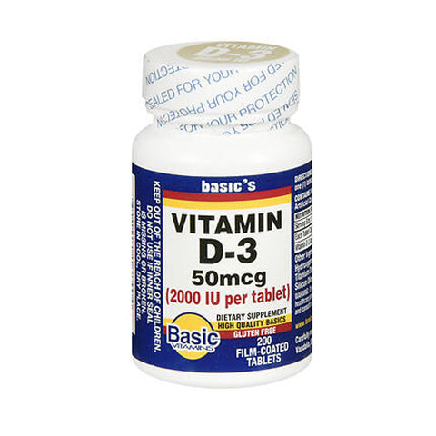 Basic Vitamins, Natural Vitamin D-3, 2000 IU, 200 Coated Tablets