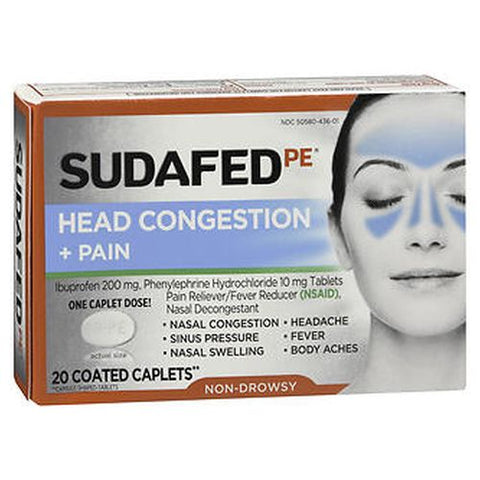 Sudafed Pe, Head Congestion + Pain Coated Caplets, 20 Each