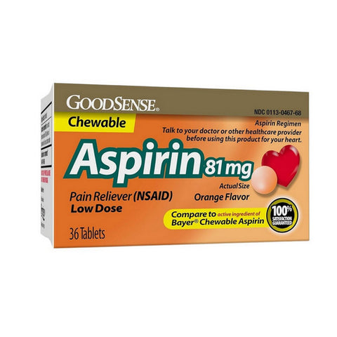 Good Sense, Chewable Aspirin, 81 mg, Orange Flavor 36 Tabs
