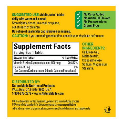 Nature Made, Vitamin B-12, 500mcg, 100 Tabs