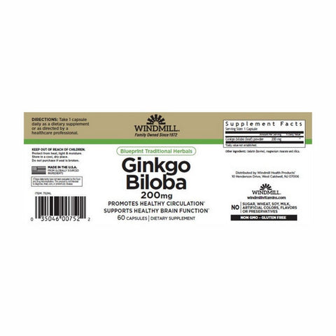 Windmill Health, Ginkgo Biloba, 200 mg, 60 Caps