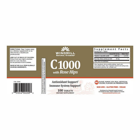 Windmill Health, Vitamin C with Rose Hips, 1000mg, 100 Tabs