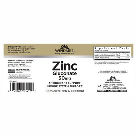 Windmill Health, Zinc Gluconate, 50 Mg, 100 Tabs
