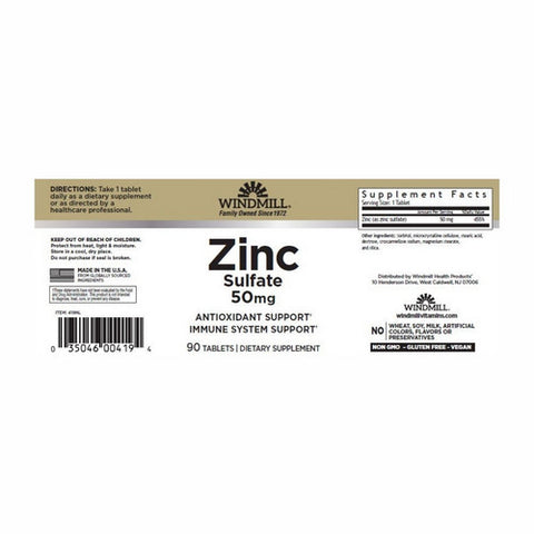 Windmill Health, Zinc Sulfate, 50 Mg, 90 Tabs
