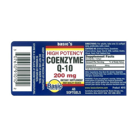 Basic Vitamins, Coenzyme Q-10 Softgels, 200 Mg, 48 Caps