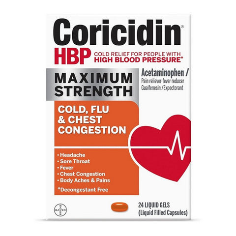 Coricidin Hbp, Maximum Strength Cold Flu And Chest Congestion, 24 Caps