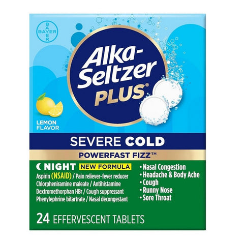 Alka-Seltzer, Severe Cold Night Power Fast Fizz Lemon, 24 Tabs