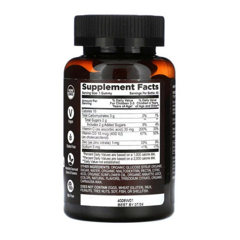 Yum-V's, Strong Earth Kids Organic Gummies Vitamin C with Vitamin D3 And Zinc, 60 Gummies