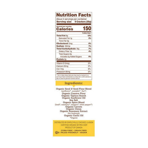 Simple Mills, Organic Seed Flour Crackers Garlic And Herb, 4.25 Oz (Case Of 6) Simple Mills