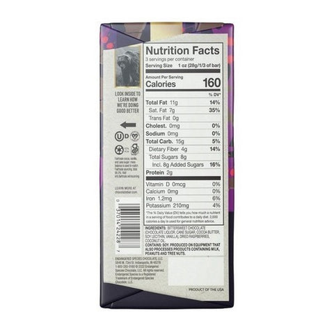 Endangered Species, Cocoa Dark Chocolate Raspberry Filling, 3 Oz(Case Of 12)