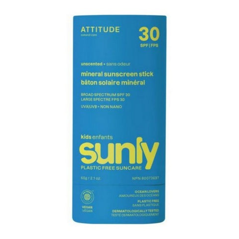 Attitude, Sunly Mineral Sunscreen Stick For Kids Spf 30 Unscented, 2.1 Oz