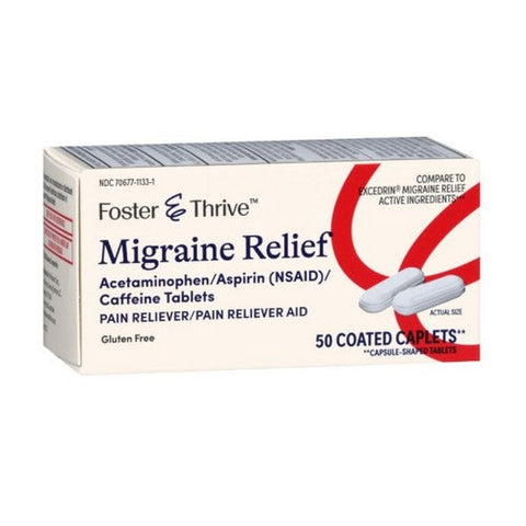 Foster And Thrive, Migraine Relief Acetaminophen Aspirin Caffeine Coated Caplets, 50 Caps Foster And Thrive