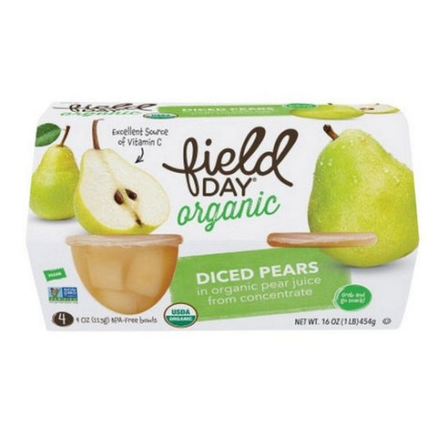Field Day, Organic Fruit Cups Diced Pears, 4 Oz X 4 Count (Case Of 6)