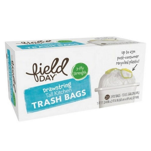 Field Day, Drawstring Tall Kitchen 3 Ply Strength Trash Bags, 20 Count (Case Of 12)