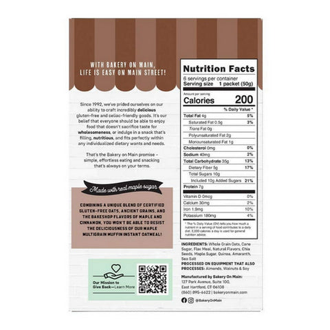 Bakery On Main, Instant Oatmeal Gluten Free Maple Multigrain Muffin, 10.5 Oz (Case Of 6)