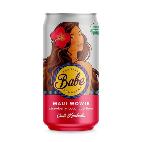 Babe Kombucha, Organic Maui Wowie Strawberry Coconut Lime Flavor Can, 16 Oz (Case Of 12)