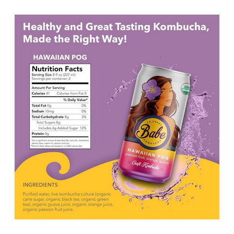 Babe Kombucha, Organic Hawaiian Pog Passion Fruit Orange Guava Flavor Can, 16 Oz (Case Of 12)