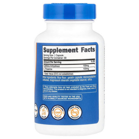 Nutricost, Caffeine + Theanine Capsules, 100 Mg, 30 Count