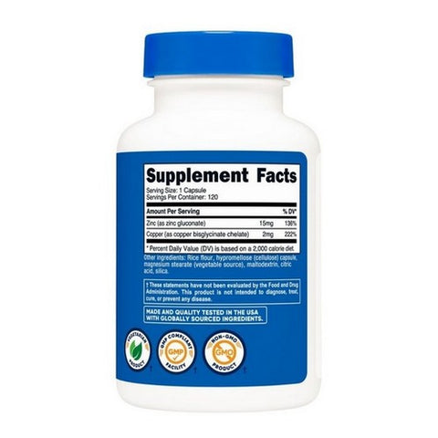 Nutricost, Zinc plus Copper Capsules, 15 Mg, 120 Count