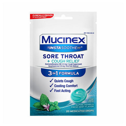 Mucinex, InstaSoothe Sore Throat + Cough Relief Medicated Drops Alpine Herbs And Fresh Mint, 20 Count
