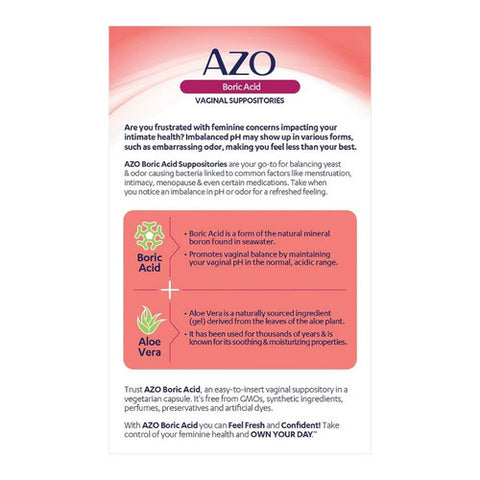Azo, Boric Acid Vaginal Suppositories With Aloe, 30 Count