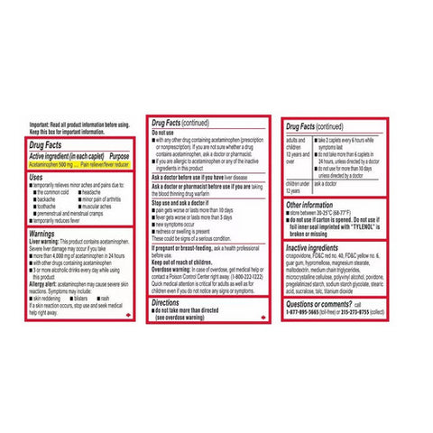 Tylenol, Extra Strength Acetaminophen, 500 Mg, 24 Caplets