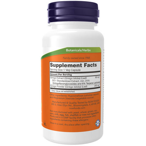 Now Foods, Ginkgo Biloba, 60 mg, 24% Standardized Extract, 60 Caps