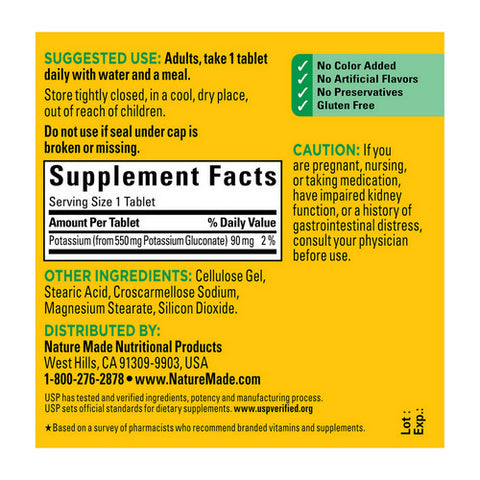 Nature Made, Nature Made Potassium Gluconate, 550 mg, 100 tabs
