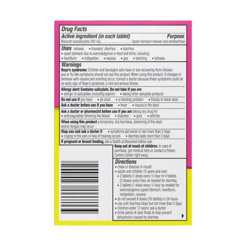 Pepto-Bismol, Bismuth Subsalicylate Upset Stomach Reliever Antidiarrheal Chewable, 48 Tablets