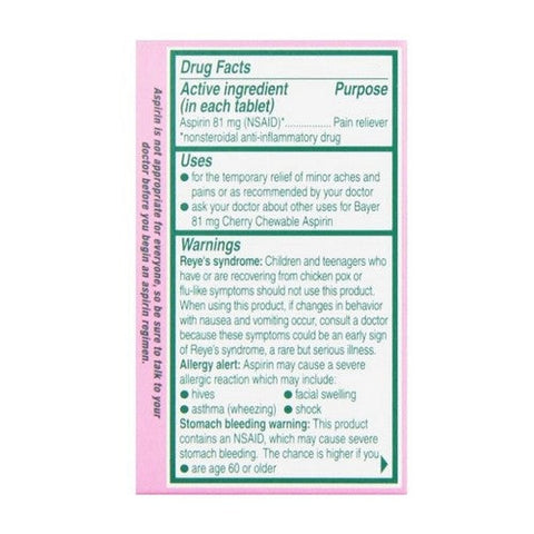 Bayer, Low Dose Aspirin Regimen Pain Reliever Chewable Tablets Cherry, 81 Mg, 36 Count Bayer